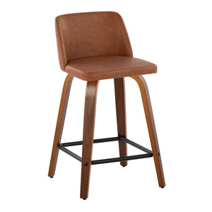 English Elm 24 Inch Mid-Century Swivel Counterstools with Walnut Legs and Camel Faux Leather Set of 2 Black B202P291054