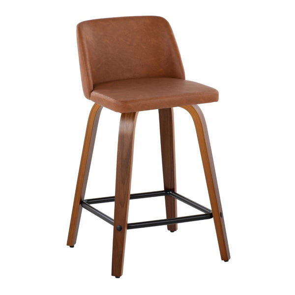 English Elm 24 Inch Mid-Century Swivel Counterstools with Walnut Legs and Camel Faux Leather Set of 2 Black B202P291054