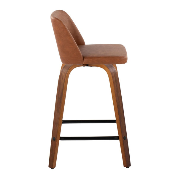 English Elm 24 Inch Mid-Century Swivel Counterstools with Walnut Legs and Camel Faux Leather Set of 2 Black B202P291054