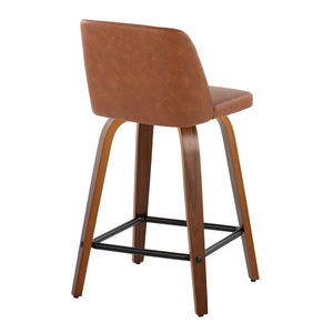 English Elm 24 Inch Mid-Century Swivel Counterstools with Walnut Legs and Camel Faux Leather Set of 2 Black B202P291054