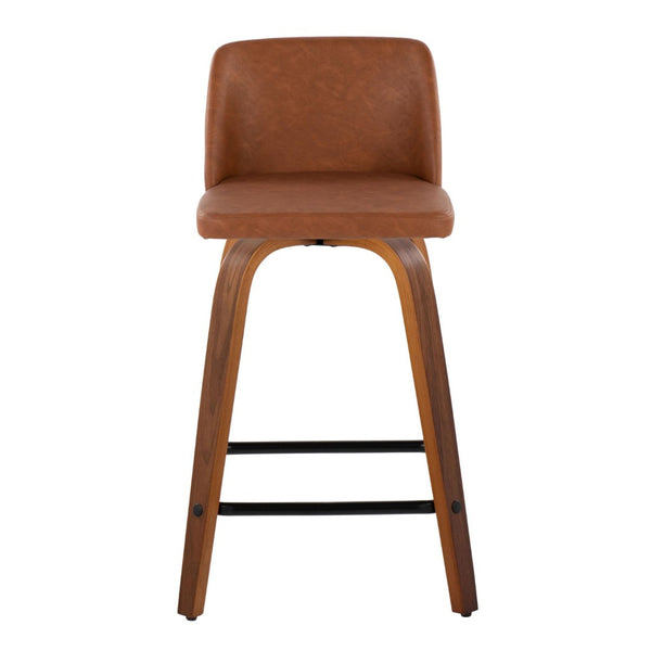 English Elm 24 Inch Mid-Century Swivel Counterstools with Walnut Legs and Camel Faux Leather Set of 2 Black B202P291054