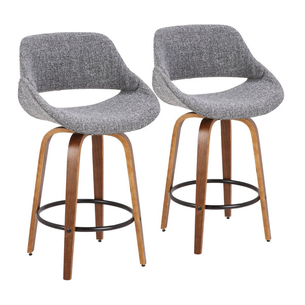 English Elm Mid-Century Swivel Counter Stools Walnut Frame Upholstered in Grey Fabric Pair B202P291072