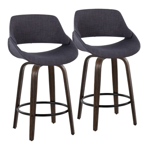 English Elm 26 Inch Mid-Century Swivel Counterstools with Bentwood Legs and Charcoal Upholstery Set of 2 B202P291073