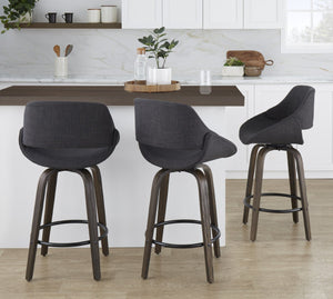 English Elm 26 Inch Mid-Century Swivel Counterstools with Bentwood Legs and Charcoal Upholstery Set of 2 B202P291073