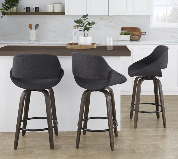 English Elm 26 Inch Mid-Century Swivel Counterstools with Bentwood Legs and Charcoal Upholstery Set of 2 B202P291073