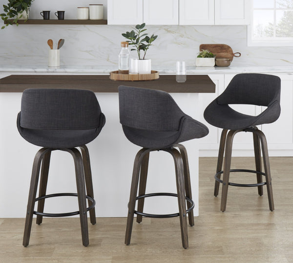 English Elm 26 Inch Mid-Century Swivel Counterstools with Bentwood Legs and Charcoal Upholstery Set of 2 B202P291073
