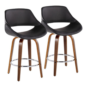English Elm Mid-Century Modern Walnut Leg Counter Stools with Faux Leather Seats Set of 2 Round Chrome Footrest B202P291081