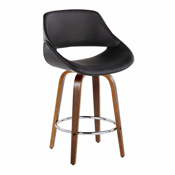 English Elm Mid-Century Modern Walnut Leg Counter Stools with Faux Leather Seats Set of 2 Round Chrome Footrest B202P291081