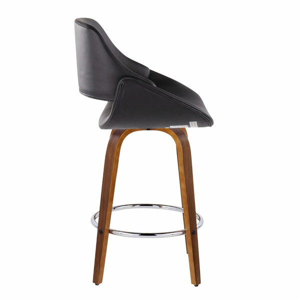 English Elm Mid-Century Modern Walnut Leg Counter Stools with Faux Leather Seats Set of 2 Round Chrome Footrest B202P291081