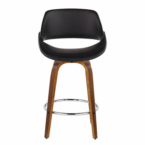 English Elm Mid-Century Modern Walnut Leg Counter Stools with Faux Leather Seats Set of 2 Round Chrome Footrest B202P291081