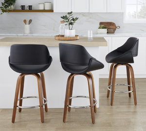 English Elm Mid-Century Modern Walnut Leg Counter Stools with Faux Leather Seats Set of 2 Round Chrome Footrest B202P291081