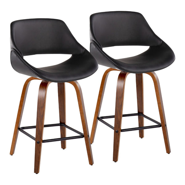 English Elm Mid-Century Modern Walnut Leg Counter Stools with Faux Leather Seats Set of 2 Square Black Footrest B202P291083