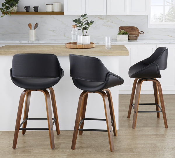 English Elm Mid-Century Modern Walnut Leg Counter Stools with Faux Leather Seats Set of 2 Square Black Footrest B202P291083