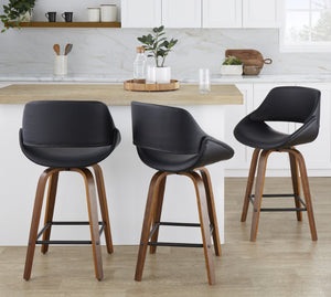 English Elm Mid-Century Modern Walnut Leg Counter Stools with Faux Leather Seats Set of 2 Square Black Footrest B202P291083