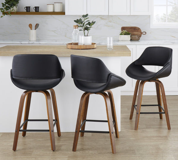 English Elm Mid-Century Modern Walnut Leg Counter Stools with Faux Leather Seats Set of 2 Square Black Footrest B202P291083