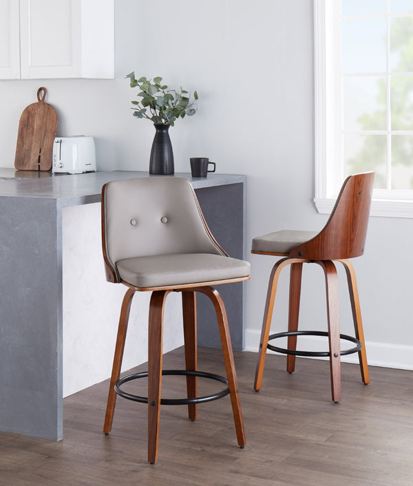 English Elm 26 Inch Mid-Century Swivel Counterstools Walnut Bentwood Faux Leather Seats Set of 2 B202P291085