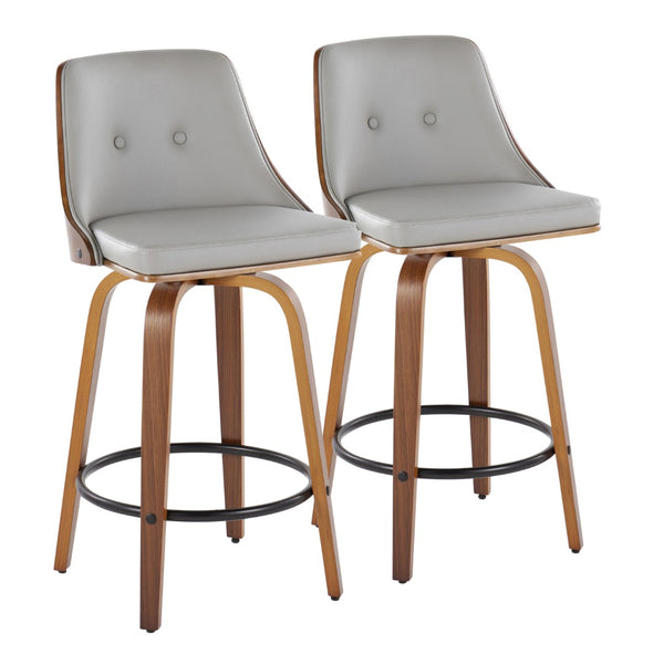 English Elm 26 Inch Mid-Century Swivel Counterstools Walnut Bentwood Faux Leather Seats Set of 2 B202P291085