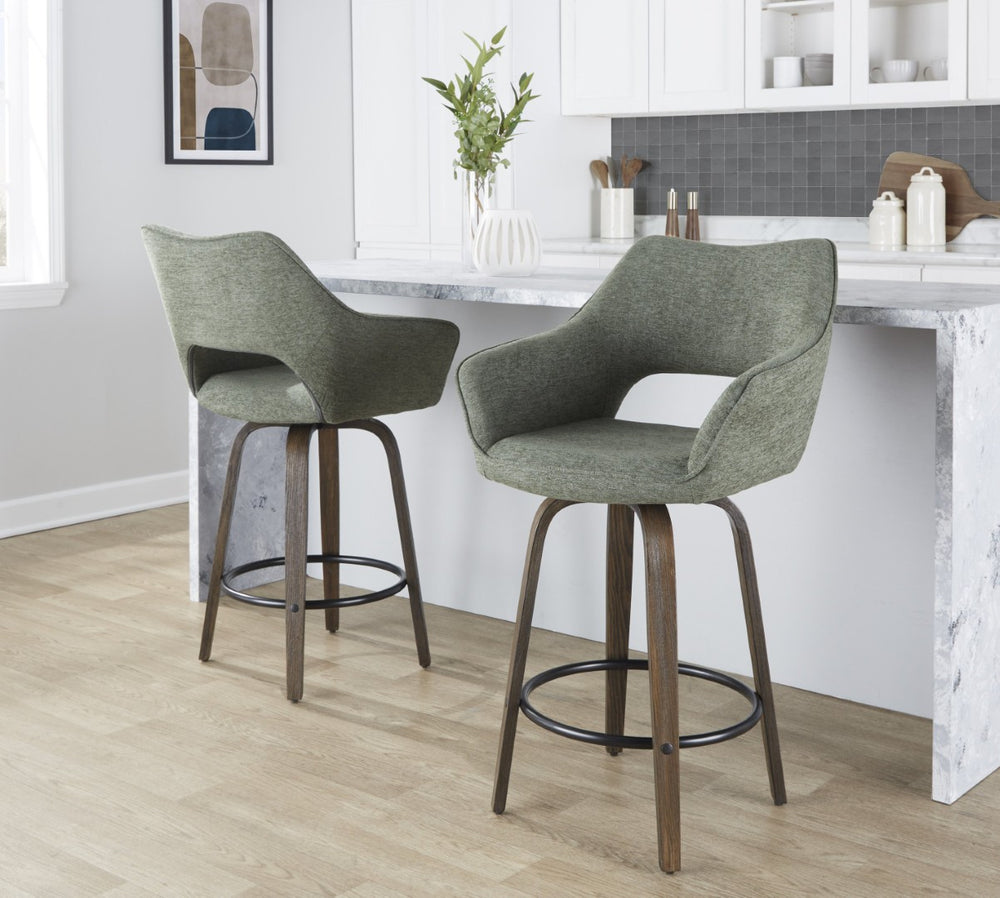 English Elm 26" Swivel Bentwood Counter Stools with Green Fabric Seats and Walnut Finish Set of 2 B202P291092