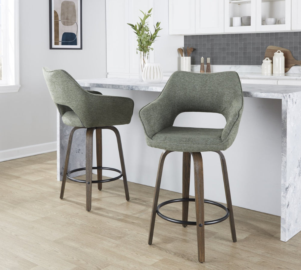 English Elm 26" Swivel Bentwood Counter Stools with Green Fabric Seats and Walnut Finish Set of 2 B202P291092