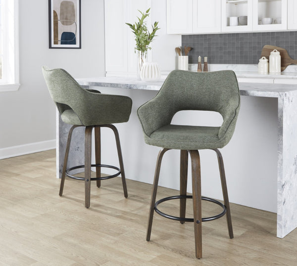 English Elm 26" Swivel Bentwood Counter Stools with Green Fabric Seats and Walnut Finish Set of 2 B202P291092