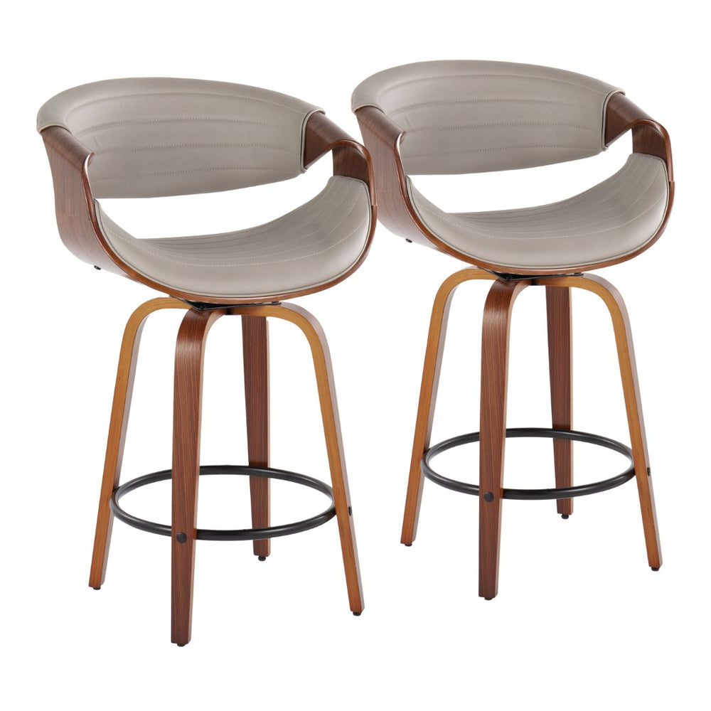 English Elm 26 Inch Mid Century Swivel Counter Stools Walnut Bent Wood Faux Leather Set of 2 B202P291099
