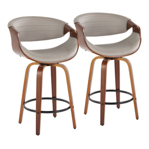 English Elm 26 Inch Mid Century Swivel Counter Stools Walnut Bent Wood Faux Leather Set of 2 B202P291099