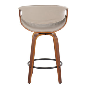 English Elm 26 Inch Mid Century Swivel Counter Stools Walnut Bent Wood Faux Leather Set of 2 B202P291099