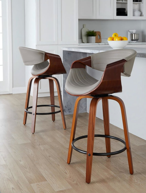 English Elm 26 Inch Mid Century Swivel Counter Stools Walnut Bent Wood Faux Leather Set of 2 B202P291099