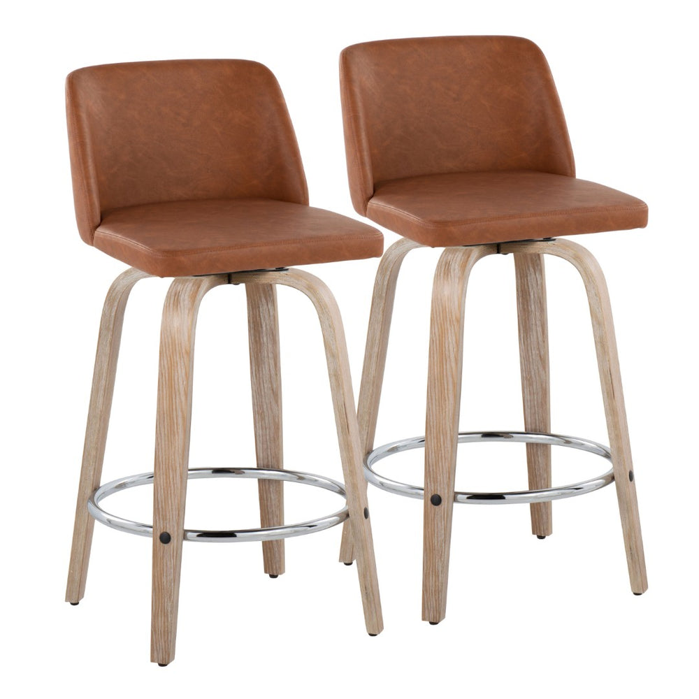 English Elm 26 Inch Swivel Counterstools with Whitewashed Wood Frame and Faux Leather Seat Set of 2 B202P291108