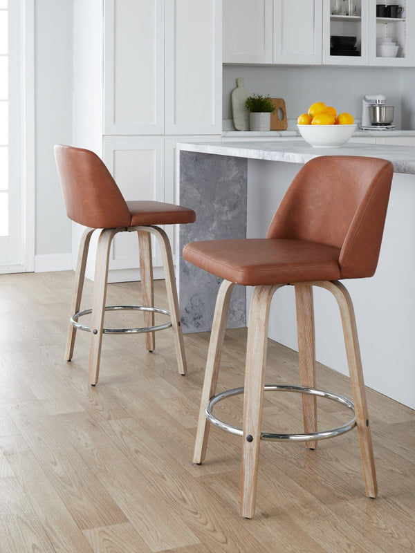 English Elm 26 Inch Swivel Counterstools with Whitewashed Wood Frame and Faux Leather Seat Set of 2 B202P291108