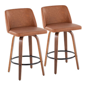 English Elm 26 Inch Mid Century Swivel Barstools Walnut Base Camel Faux Leather Set of 2 B202P291109