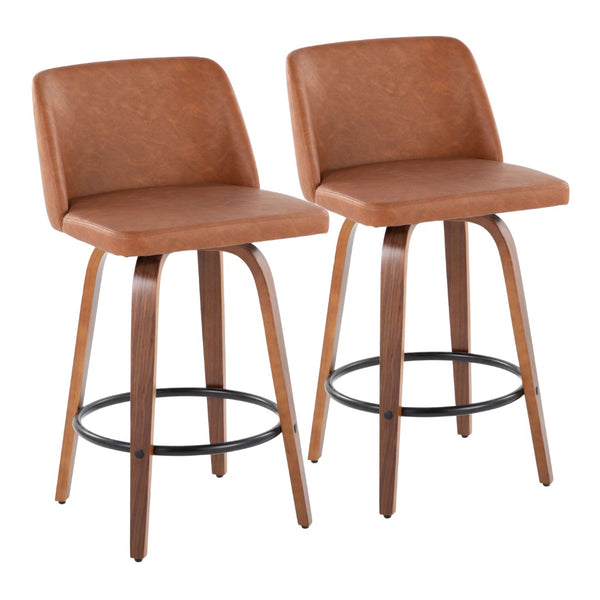 English Elm 26 Inch Mid Century Swivel Barstools Walnut Base Camel Faux Leather Set of 2 B202P291109