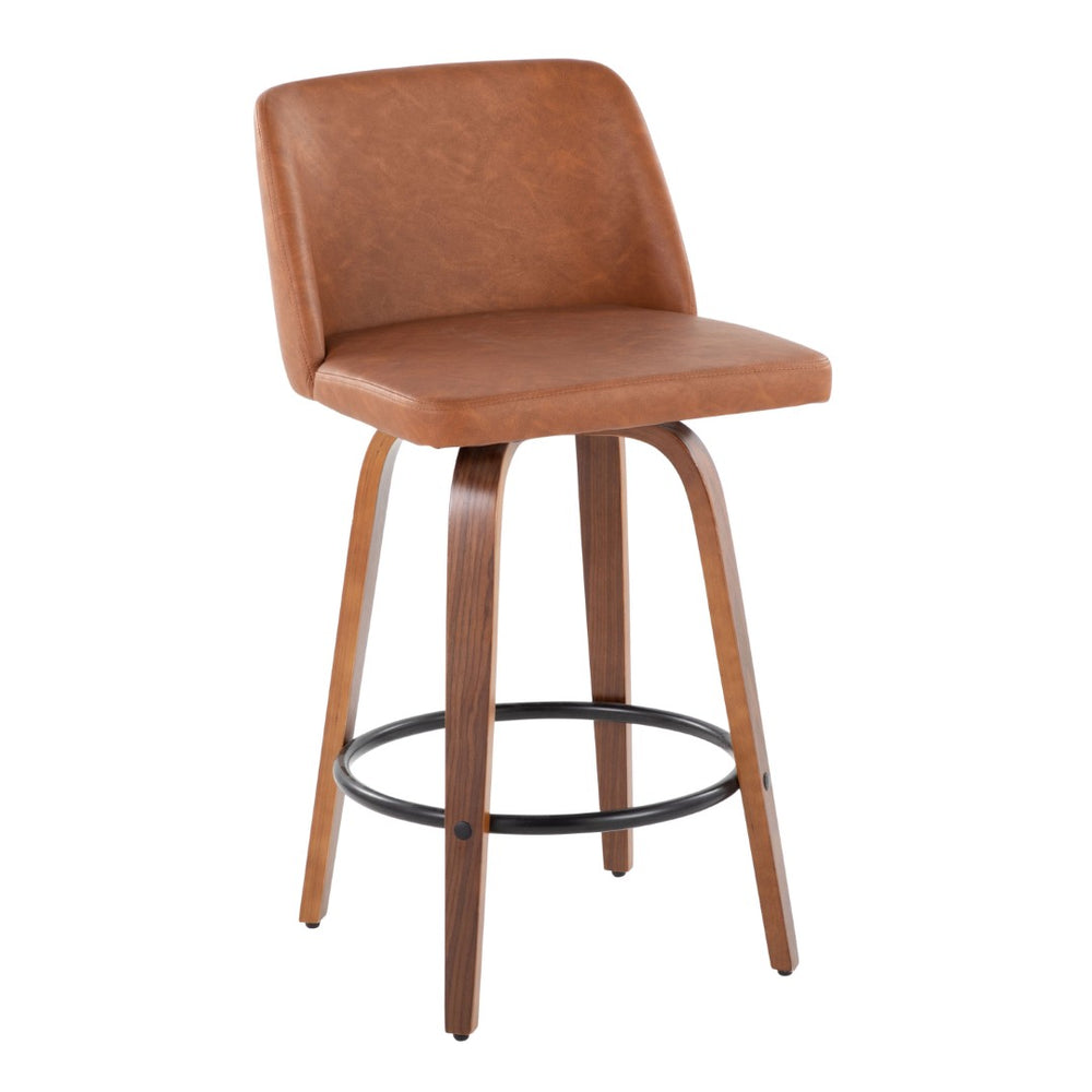 English Elm 26 Inch Mid Century Swivel Barstools Walnut Base Camel Faux Leather Set of 2 B202P291109