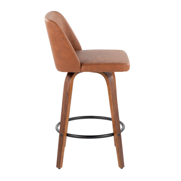English Elm 26 Inch Mid Century Swivel Barstools Walnut Base Camel Faux Leather Set of 2 B202P291109