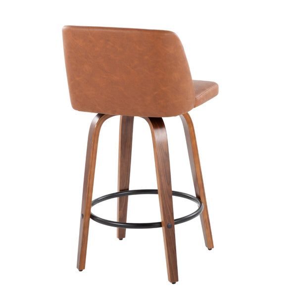 English Elm 26 Inch Mid Century Swivel Barstools Walnut Base Camel Faux Leather Set of 2 B202P291109