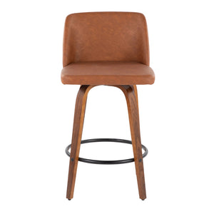 English Elm 26 Inch Mid Century Swivel Barstools Walnut Base Camel Faux Leather Set of 2 B202P291109