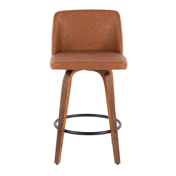 English Elm 26 Inch Mid Century Swivel Barstools Walnut Base Camel Faux Leather Set of 2 B202P291109