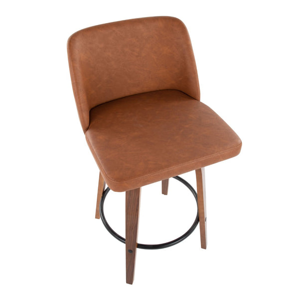 English Elm 26 Inch Mid Century Swivel Barstools Walnut Base Camel Faux Leather Set of 2 B202P291109