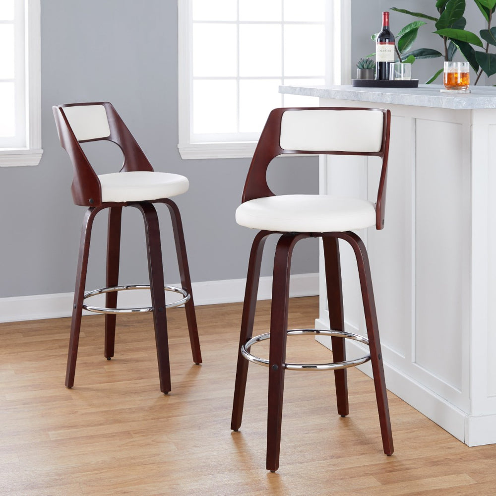 English Elm 30" Mid-century Swivel Barstools with Cherry Bentwood Legs and Faux Leather Seats Set of 2 B202P291111