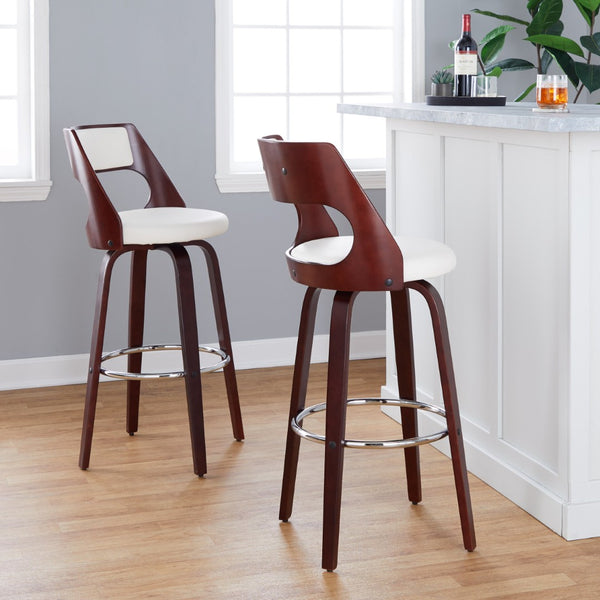 English Elm 30" Mid-century Swivel Barstools with Cherry Bentwood Legs and Faux Leather Seats Set of 2 B202P291111