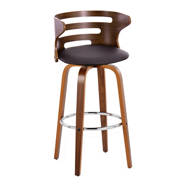 English Elm 30" Mid-century Swivel Barstools Walnut Bentwood Faux Leather Seat Chrome Footrest Set of 2 B202P291112
