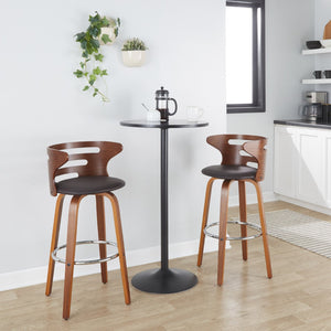 English Elm 30" Mid-century Swivel Barstools Walnut Bentwood Faux Leather Seat Chrome Footrest Set of 2 B202P291112