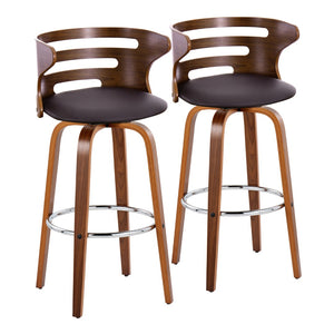 English Elm 30" Mid-century Swivel Barstools Walnut Bentwood Faux Leather Seat Chrome Footrest Set of 2 B202P291112