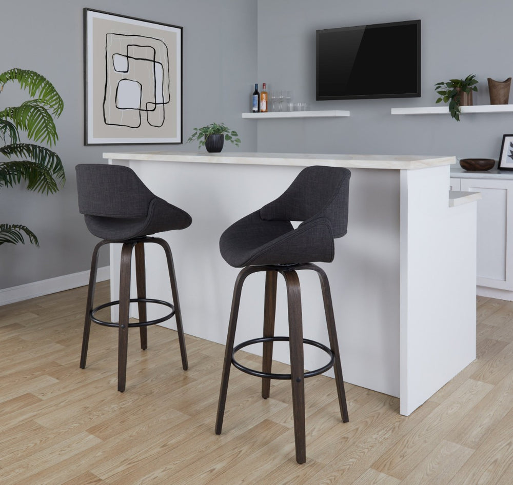 English Elm 30 Inch Mid-Century Swivel Barstools with Walnut Bentwood Legs and Charcoal Seats Set of 2 B202P291115