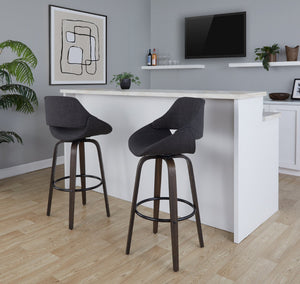 English Elm 30 Inch Mid-Century Swivel Barstools with Walnut Bentwood Legs and Charcoal Seats Set of 2 B202P291115