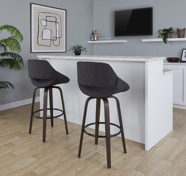 English Elm 30 Inch Mid-Century Swivel Barstools with Walnut Bentwood Legs and Charcoal Seats Set of 2 B202P291115