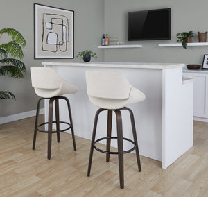 English Elm 30 Inch Mid-Century Swivel Barstools with Walnut Bentwood Legs and Cream Upholstery Set of 2 B202P291116