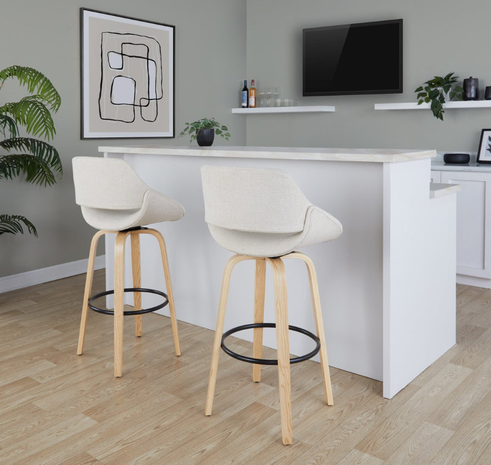 English Elm 30 Inch Mid-Century Swivel Barstools with Natural Wood Legs and Cream Fabric Set of 2 B202P291117