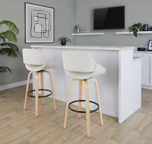 English Elm 30 Inch Mid-Century Swivel Barstools with Natural Wood Legs and Cream Fabric Set of 2 B202P291117
