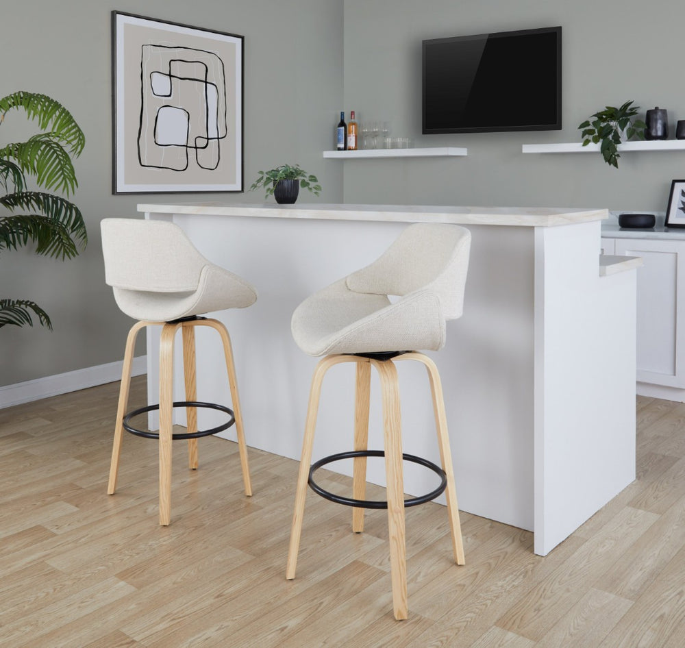 English Elm 30 Inch Mid-Century Swivel Barstools with Natural Wood Legs and Cream Fabric Set of 2 B202P291117